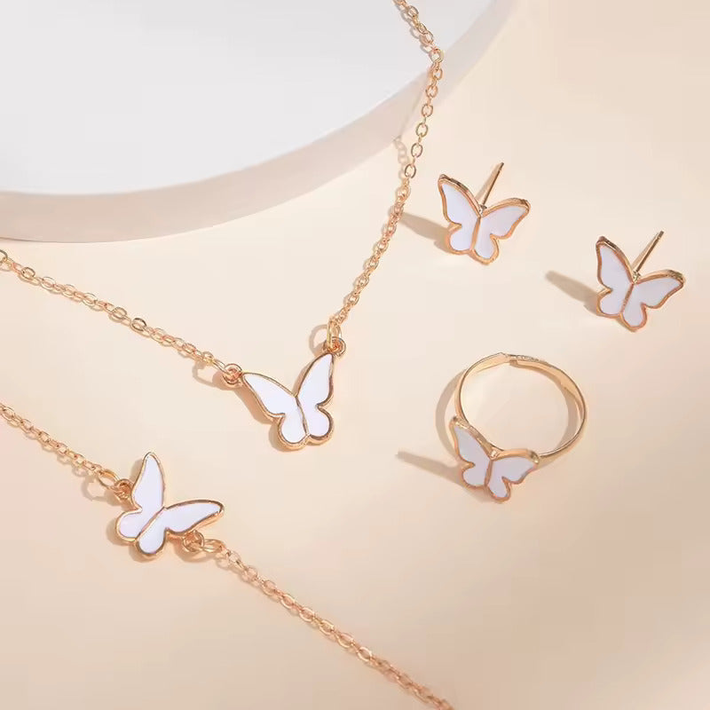 4Pcs Gold & White Butterfly Necklace Earrings Bracelet Ring Jewelry Set For Girls Fashion Party Jewelry Daily Wear Butterfly Jewelry Set