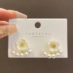 Pair Of White Sun Flower & Pearl Earrings For Girls Fashion Personality Korean Jewellery For Girls - 925 Needle