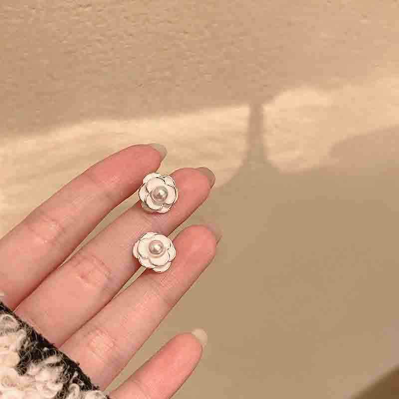 Korean Jewellery White Flower Camellia Pearl Sweet Light Luxury Elegant S925 Needle Earrings For Girls