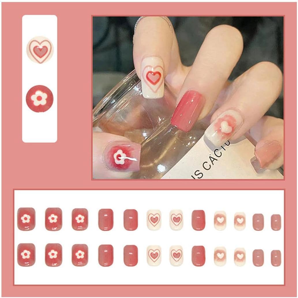 24Pcs Pink Beautiful Trendy Heart Design Fake Nails (With Glue) Set For Girls - Wearable Nails Stylish Pattern Artificial Long Nails For Women