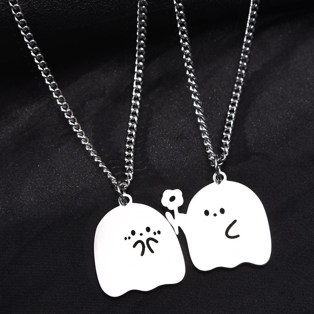 Pack Of 2 Stainless Steel Cute Cartoon Ghost Friendship Couple Pendant Necklace For Boy & Girls Korean Jewellery