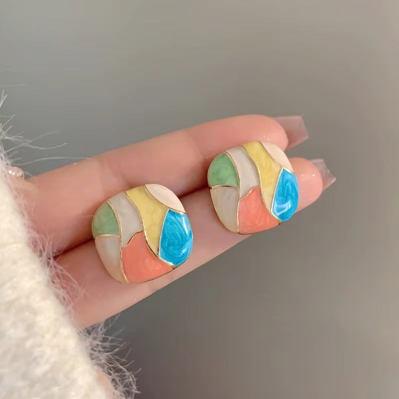 Colorful Korean Jewellery Blossom Modern Enamel Patchwork Geometric Square Stud Earrings for Girls | S925 Needle | S925 Needle Earings For Birthday Wedding Anniversary | For All Occasions