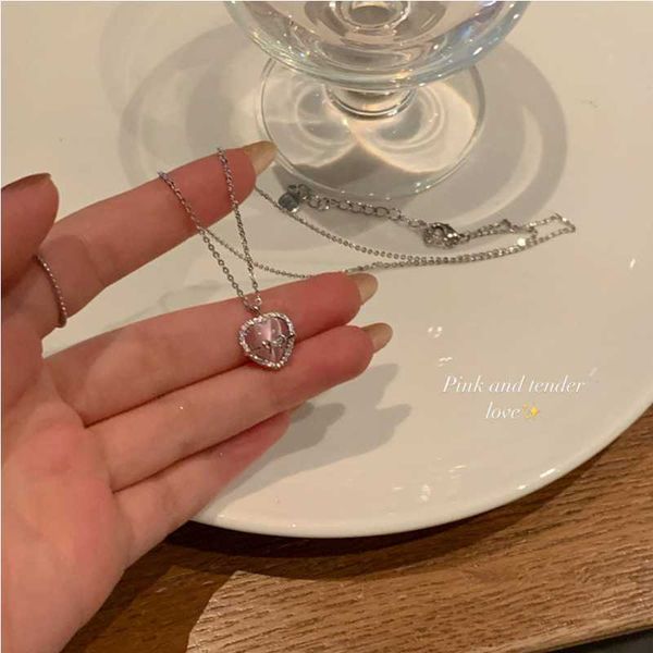 Korean Jewellery Pink Heart & Bow Necklace for Girls Sweet Fairy Clavicle Chain Shiny Korean Jewellery Necklace - Aesthetic Bowknot Love Pendant Women Necklaces