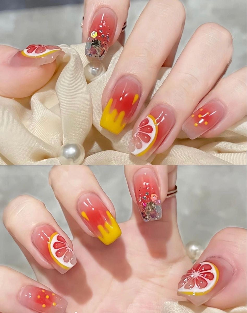 24Pcs Pink Beautiful Fruit Design Trendy Fake Nails (With Glue) Set For Girls - Wearable Nails Stylish Pattern Artificial Long Nails For Women