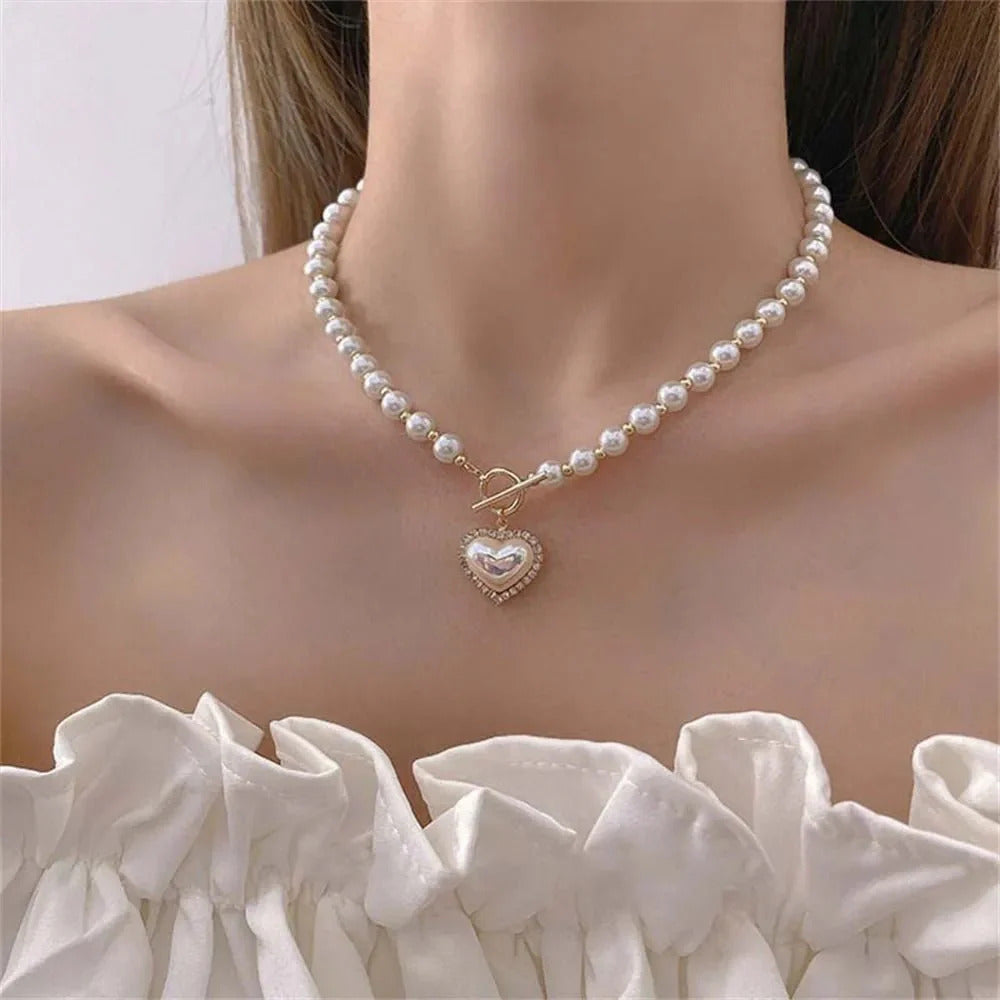 Luxury Elegance Pearl Chain heart pendant Necklace for Girls Stylish | Jewellery for Girls - Korean Jewellery