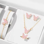 4Pcs Gold & Pink Butterfly Necklace Earrings Bracelet Ring Jewelry Set For Girls Fashion Party Jewelry Daily Wear Butterfly Jewelry Set