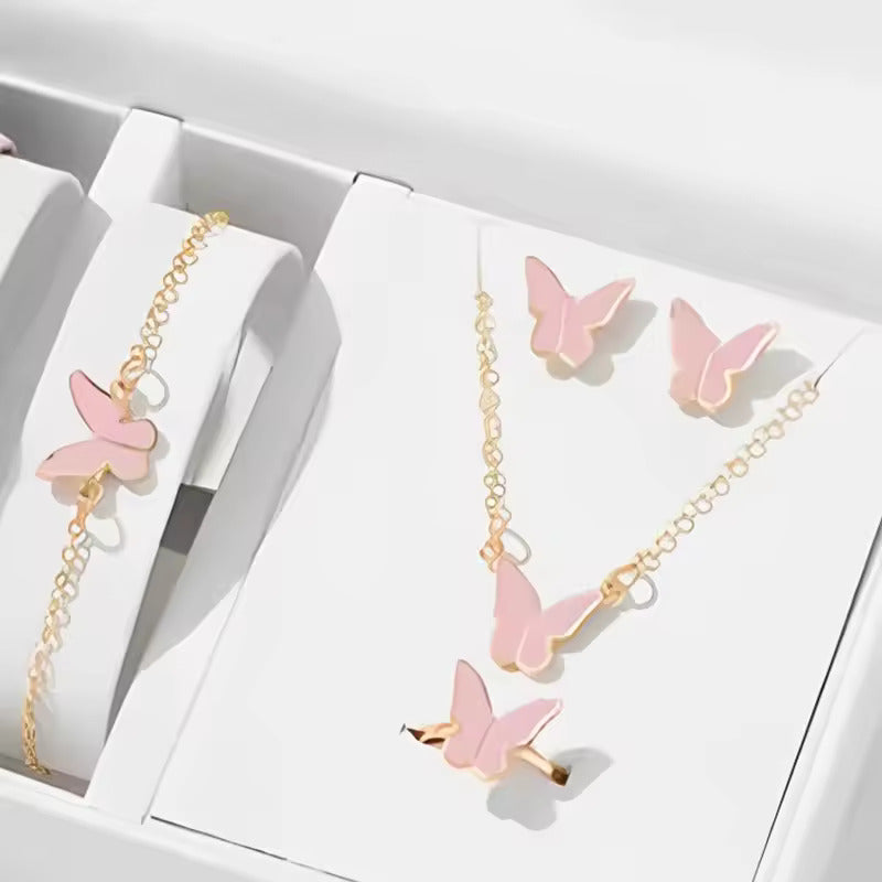 4Pcs Gold & Pink Butterfly Necklace Earrings Bracelet Ring Jewelry Set For Girls Fashion Party Jewelry Daily Wear Butterfly Jewelry Set
