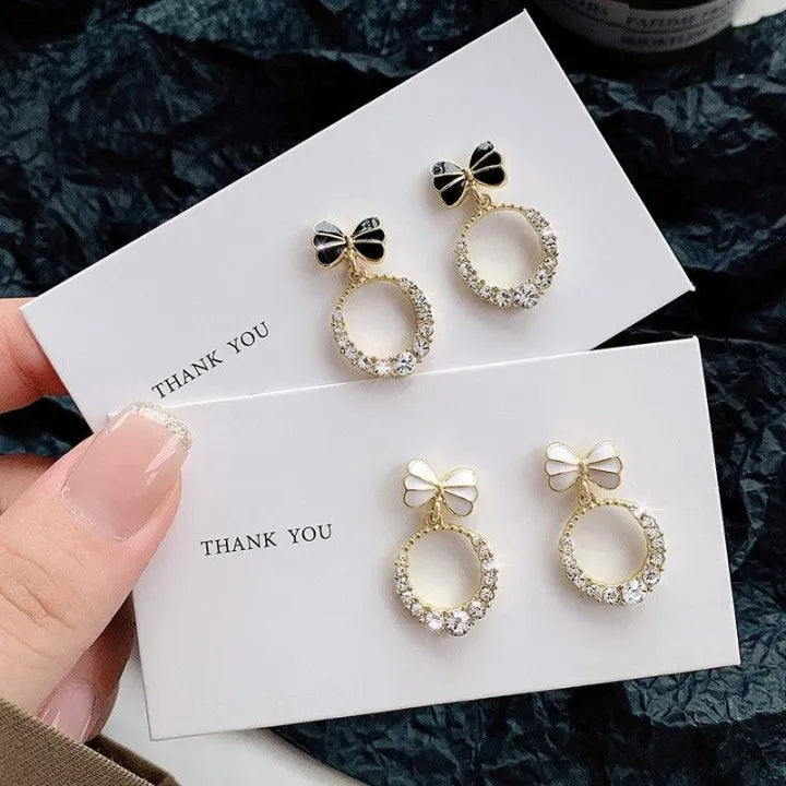 Black & White Korean Jewellery Shinny Bow Zircon Earrings Bowknot Hoop Earrings For Girls / Women
