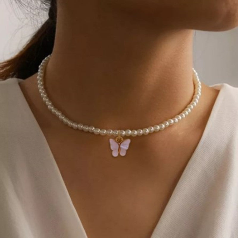 Korean Jewellery Necklace For Girls Simple And Fresh Style Imitation Pearl & Butterfly Shaped Necklace Suitable Jewellery For Girls