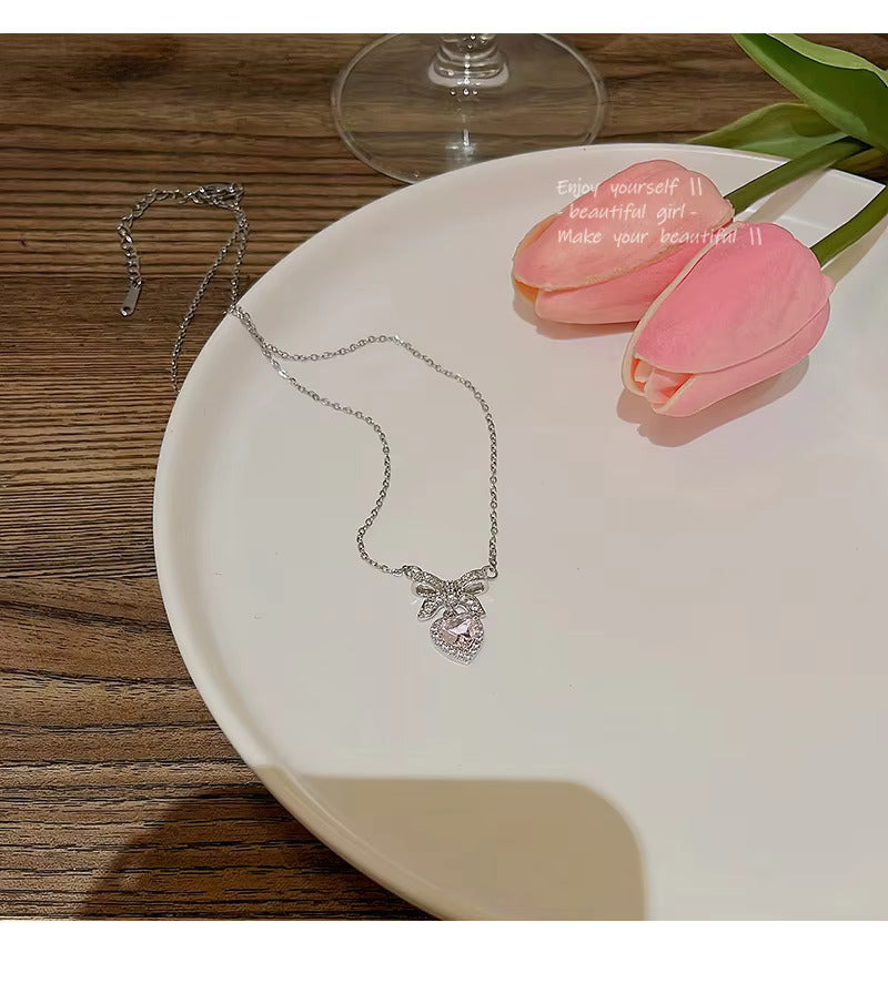 Korean Jewellery Pink Zircon Bow & Heart Necklace for Girls Sweet Fairy Clavicle Chain Shiny Zircon Korean Jewellery Necklace - Aesthetic Bowknot Love Zircon Pendant Women Necklaces