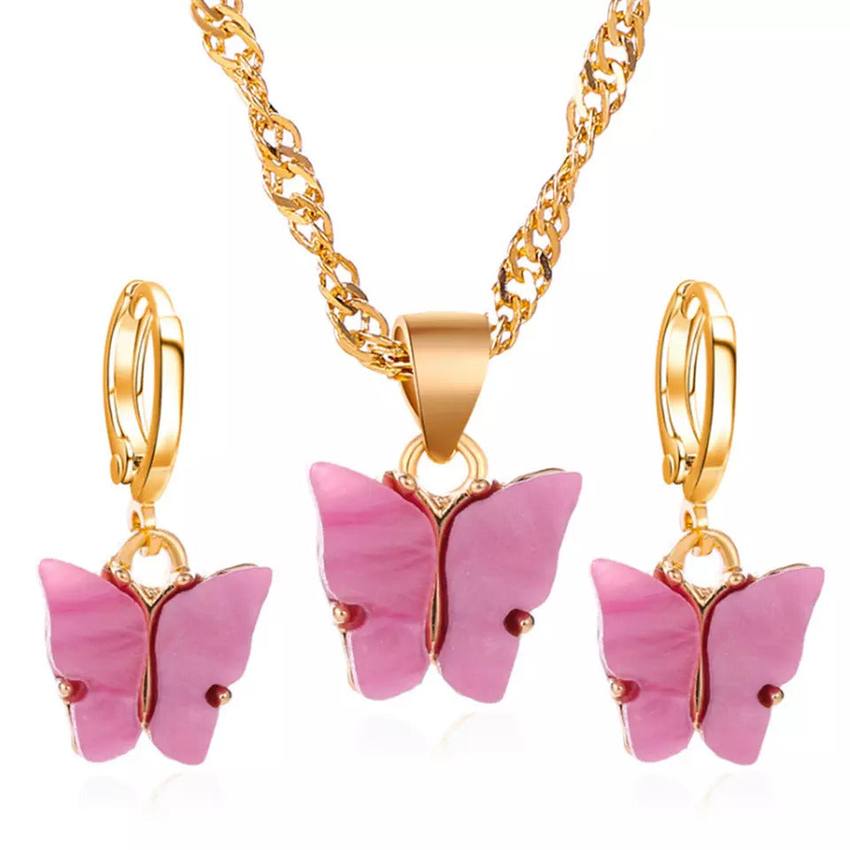 Butterfly Golden Chain Charm Necklace With Earrings For Girls - Korean Jewellery For Girls