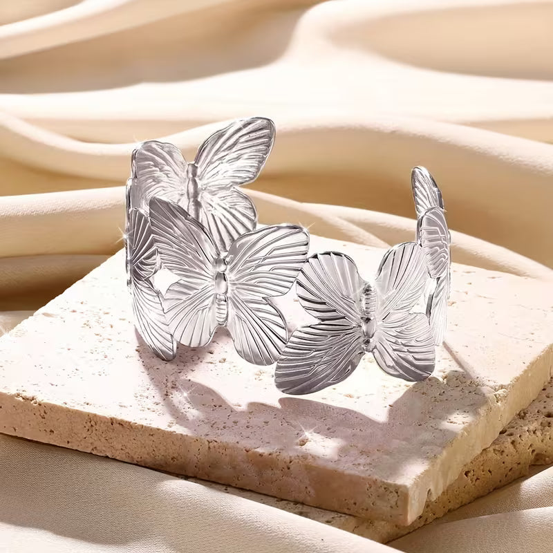 2026 Gold & Silver NEW Trendy Butterfly Adjustable Chunky Bangle Bracelet For Girls Gold Metal butterfly Open Cuff Bangle Bracelet For Women