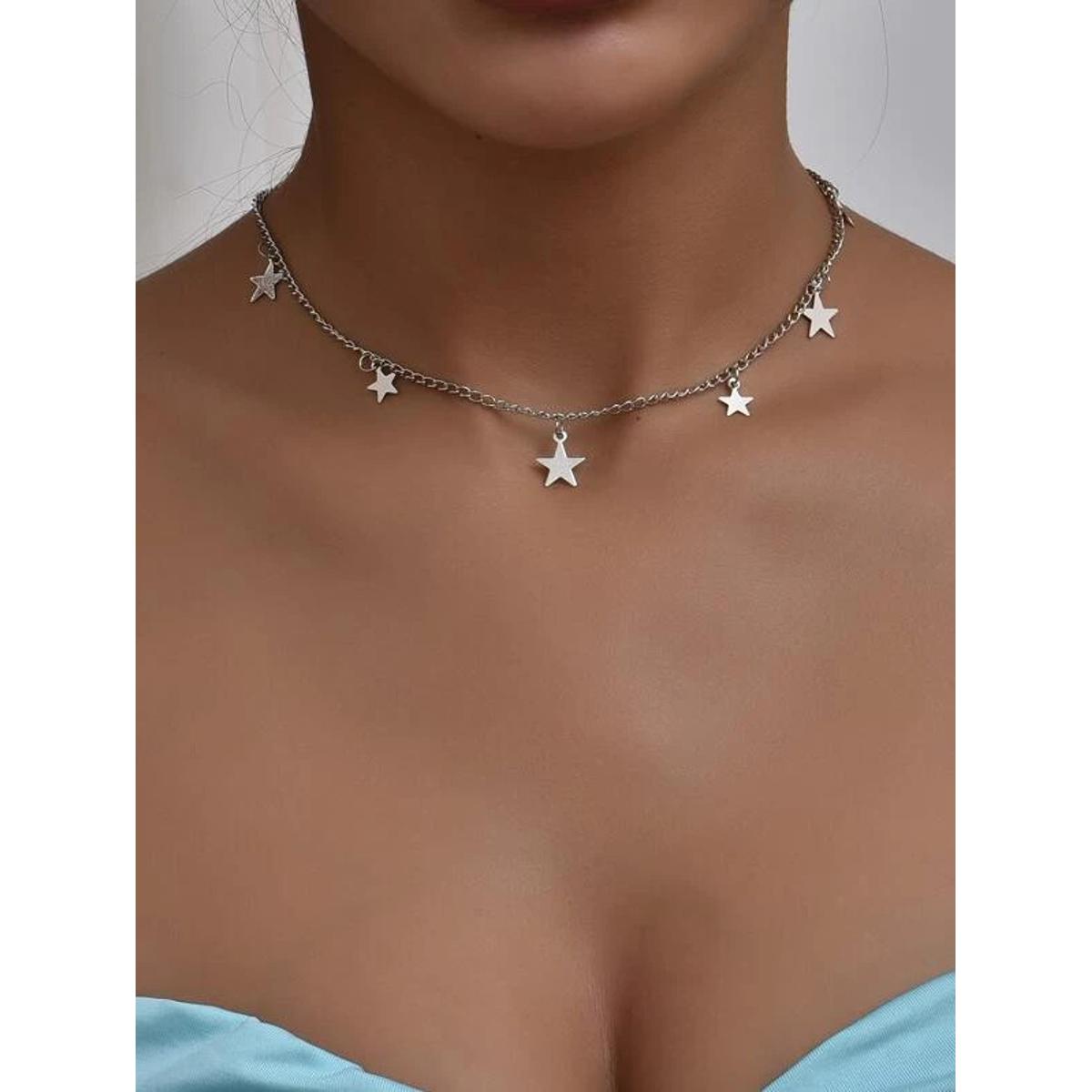 Silver Star choker Necklace Korean Jewellery For Girls - Silver Chain Neck Statement Collar Chains Choker Shining Female Choker Korean Jewellery Necklace