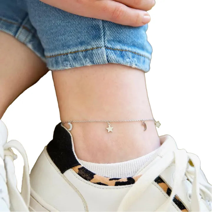 Silver Star & Moon Anklet Jewellery For Girls Fishtail Chain Fashion Personality Korean Jewellery
