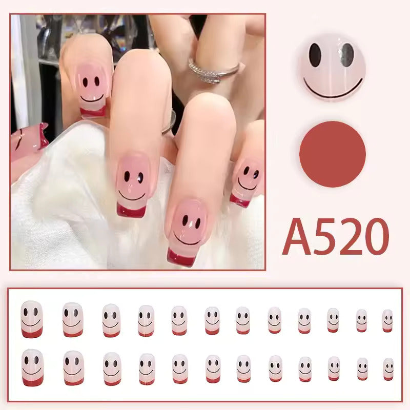 24Pcs Pink Beautiful Smile Face Trendy Fake Nails (With Glue) Set For Girls - Wearable Nails Stylish Pattern Artificial Nails For Women