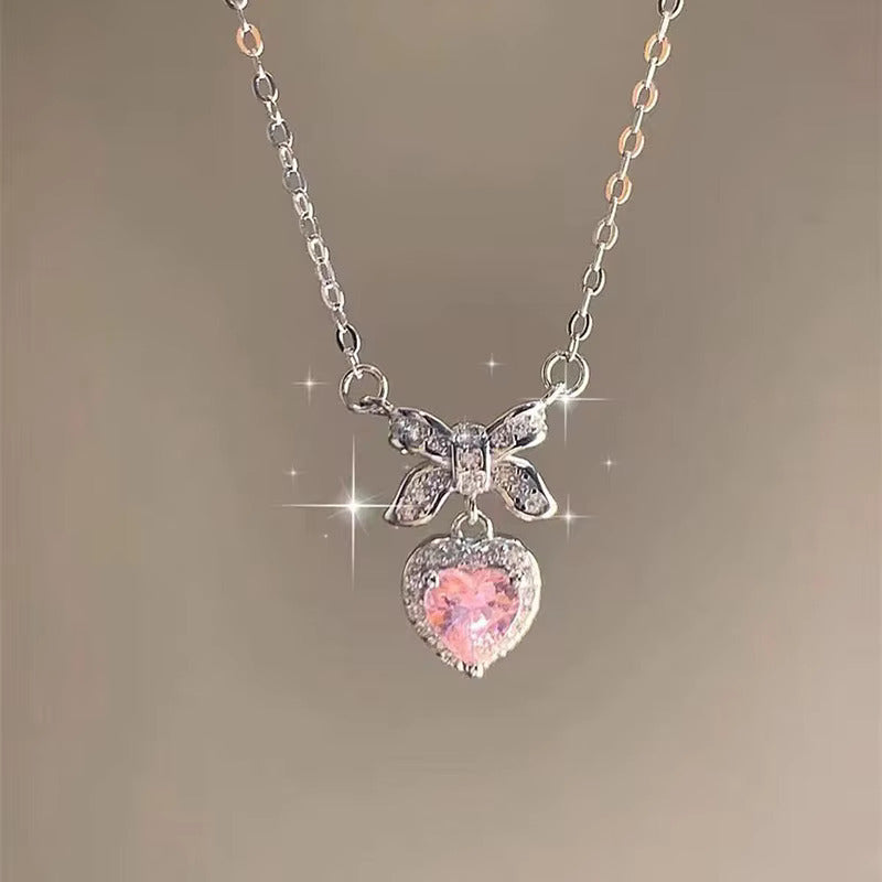 Korean Jewellery Pink Zircon Bow & Heart Necklace for Girls Sweet Fairy Clavicle Chain Shiny Zircon Korean Jewellery Necklace - Aesthetic Bowknot Love Zircon Pendant Women Necklaces