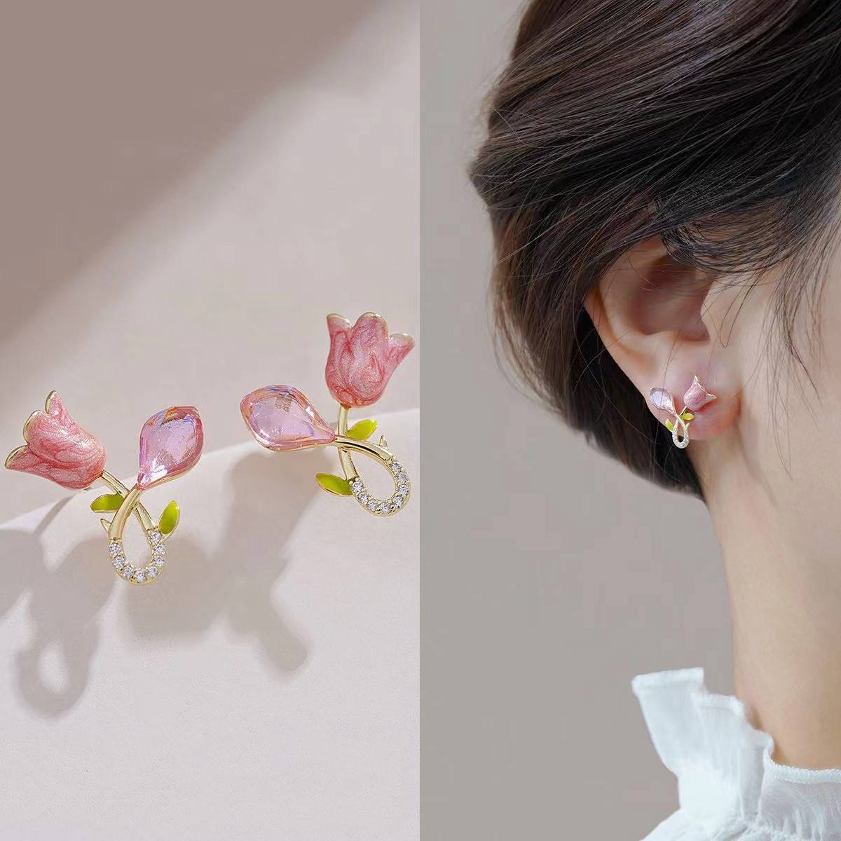 S925 Silver Needle Korean Jewellery Bowknot Tulip Zircon Crystal New Luxury Flower Leaf Earrings For Girls