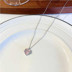 Korean Jewellery Pink Heart & Bow Necklace for Girls Sweet Fairy Clavicle Chain Shiny Korean Jewellery Necklace - Aesthetic Bowknot Love Pendant Women Necklaces