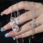 Pack Of 2 Korean Jewellery Pink Zircon Bow Heart & Crystal Angel Wings Heart Necklaces for Girls Sweet Fairy Clavicle Chain Shiny Zircon Korean Jewellery Necklace - Aesthetic Bowknot & Angel Wings Love Zircon Pendant Women Necklaces
