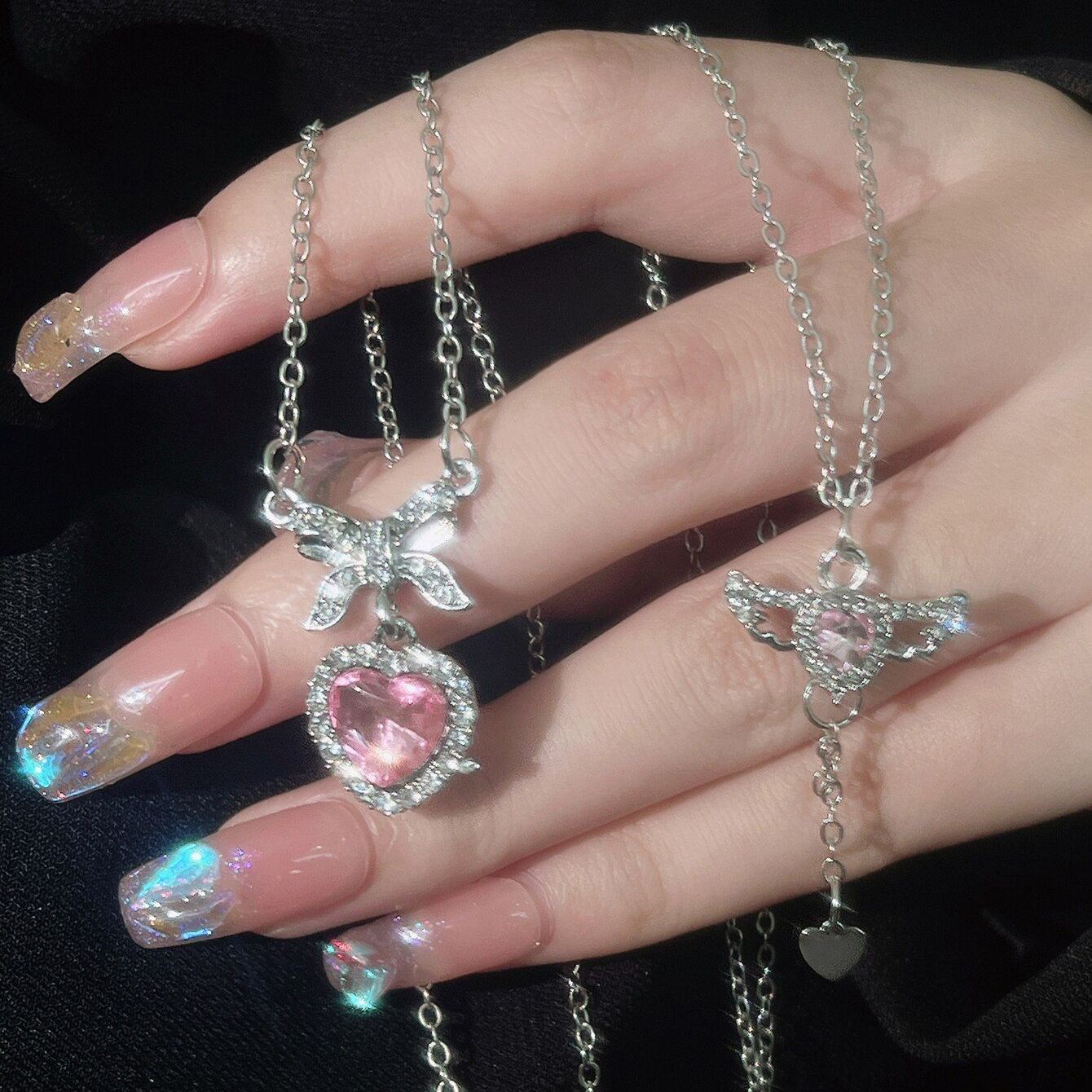 Pack Of 2 Korean Jewellery Pink Zircon Bow Heart & Crystal Angel Wings Heart Necklaces for Girls Sweet Fairy Clavicle Chain Shiny Zircon Korean Jewellery Necklace - Aesthetic Bowknot & Angel Wings Love Zircon Pendant Women Necklaces