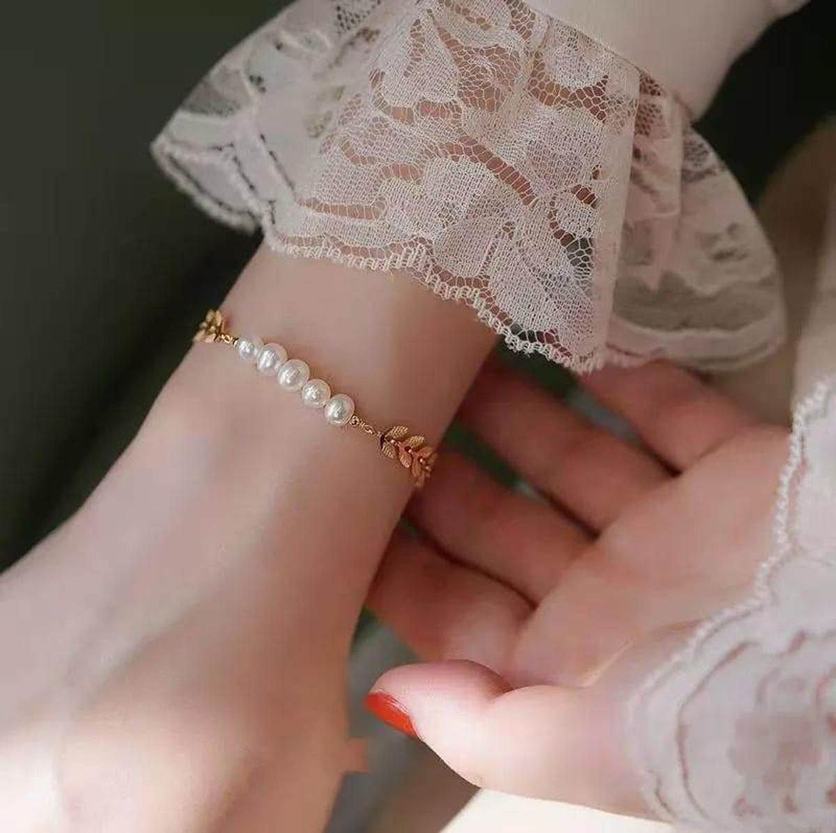Korean Jewellery Leaf Pearl Gold Bracelets For Girls - Excellent Quality - Golden Leaf Pearl Bracelet for Women - Jewellery For Girls