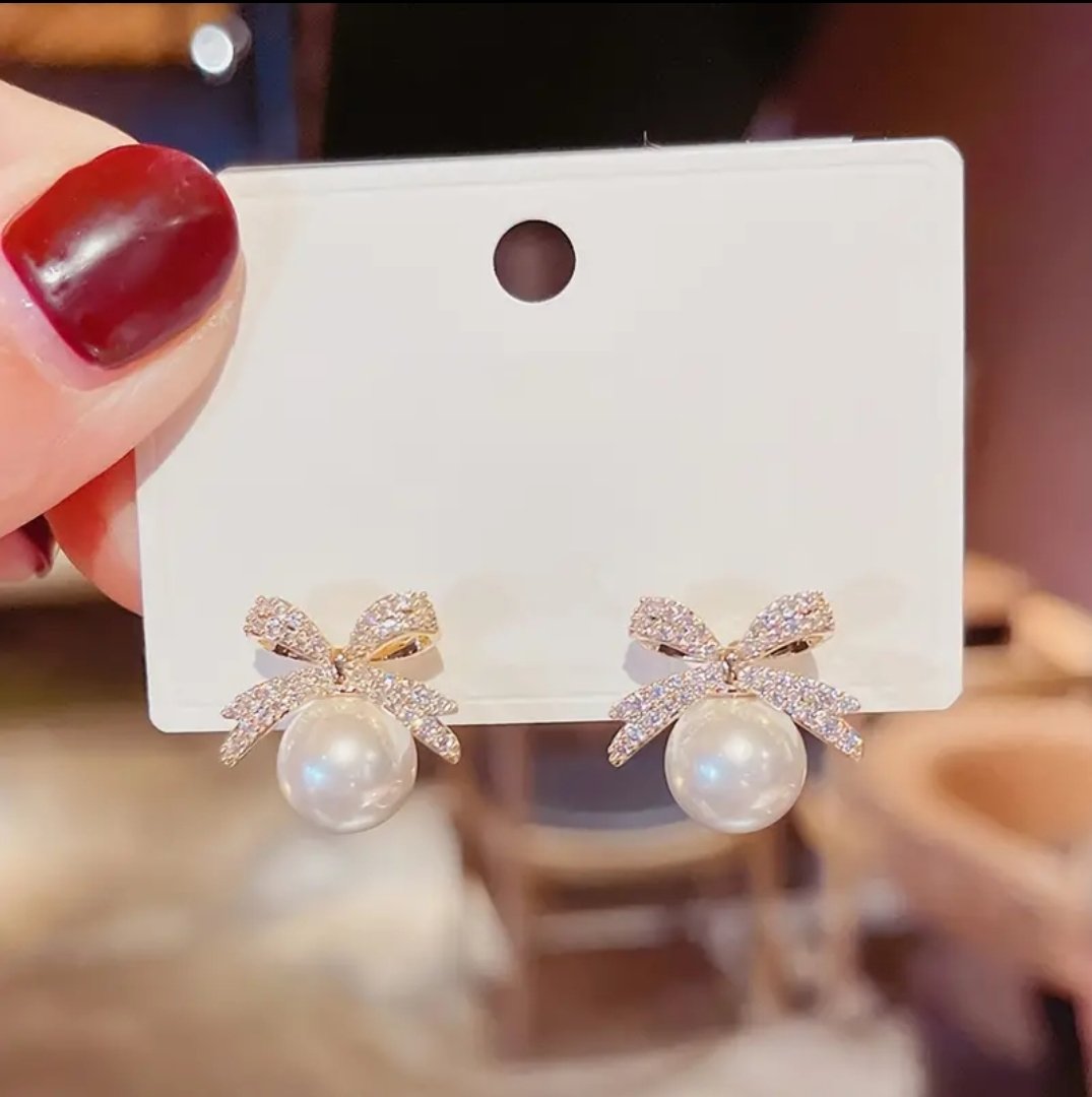 S925 Korean Jewellery Golden Bow Earings For Girls Stylish - Zircon Bow Pearl Ear Stud Rhinestone New Korean Fashion Exquisite S925 Earrings