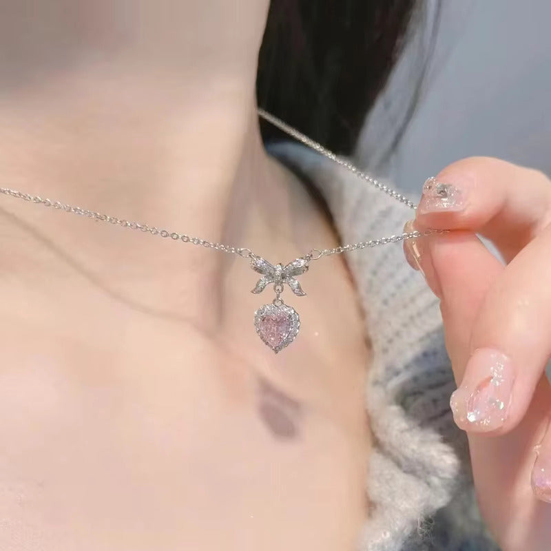 Korean Jewellery Pink Zircon Bow & Heart Necklace for Girls Sweet Fairy Clavicle Chain Shiny Zircon Korean Jewellery Necklace - Aesthetic Bowknot Love Zircon Pendant Women Necklaces