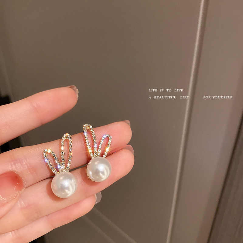 Korean Jewellery S925 Silver Needle New Pearl Rabbit Ears Slightly Inlaid Shiny Luxury Earrings For Girls | S925 Needle Earing For All Occasions