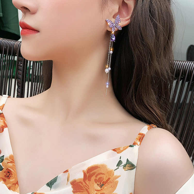Korean Jewellery Purple Crystal Rhinestone Long Style Pearl Tassels Butterfly S925 Needle Earrings For Girls