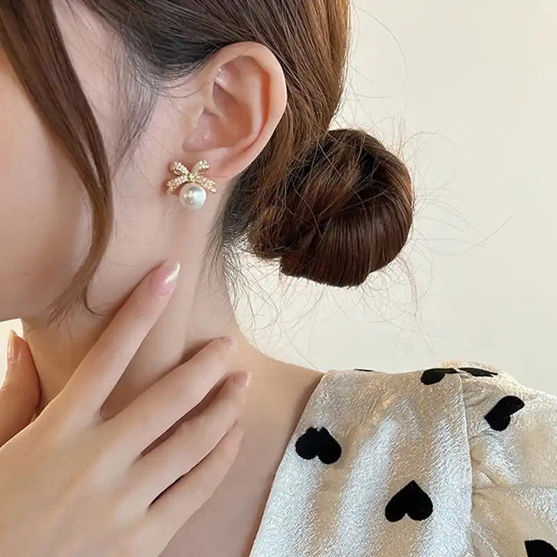 S925 Korean Jewellery Earings For Girls Stylish - Zircon Bow Pearl Ear Stud Rhinestone New Korean Fashion Exquisite S925 Earrings