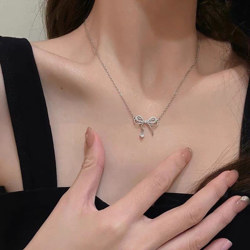 Silver Beautiful Crystal Bow Tie Zircon Pendant Necklace Clavicle Chain Korean Style For Girls Korean Jewellery