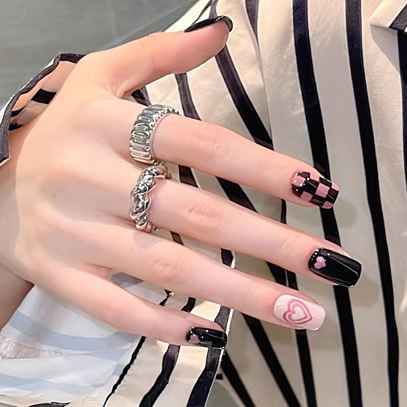 24Pcs Black | Pink & White Beautiful HeartTrendy Fake Nails (With Glue) Set For Girls - Wearable Nails Stylish Pattern Artificial Nails For Women