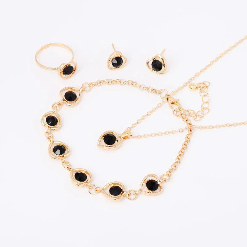 4PCS Exquisite and Elegant Zircon Love Jewelry Women's Fashion Style Versatile Necklace Bracelet Earrings Ring Jewellery Set For Girls