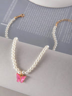 Korean Jewellery Necklace For Girls Simple And Fresh Style Imitation Pearl & Butterfly Shaped Necklace Suitable Jewellery For Girls