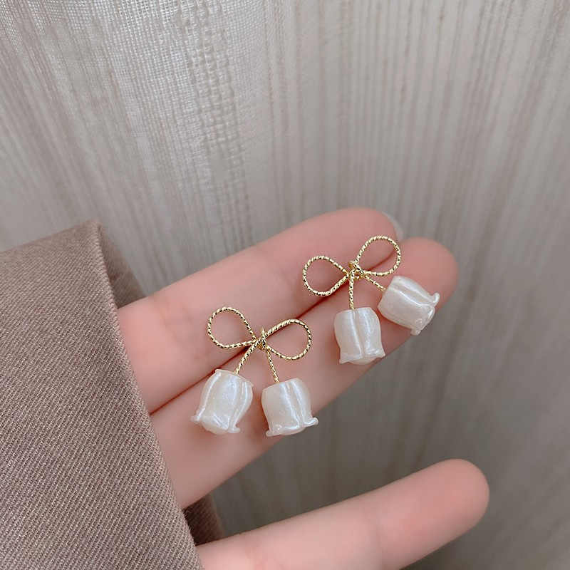 Korean Jewellery S925 Needle Elegant White Bowknot Flowers Geometric Pearl Stud Earrings For Girls