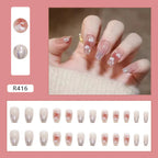 24Pcs Pink Beautiful Trendy Fake Nails (With Glue) Set For Girls - Wearable Nails Stylish Pattern Artificial Long Nails For Women