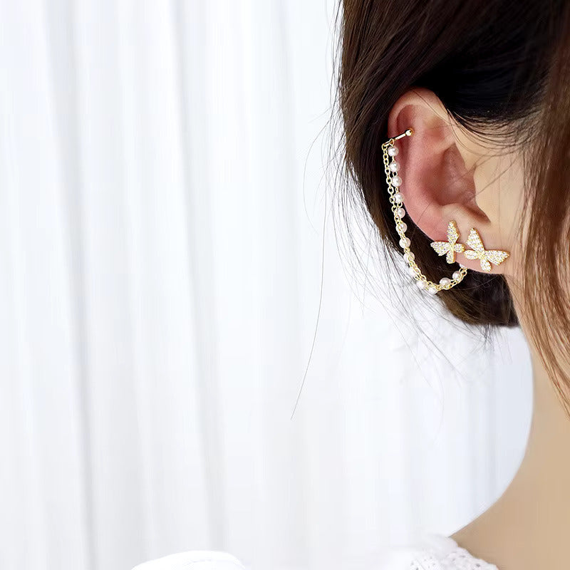 Korean Jewellery Gold Pair Of Rhinestone Butterfly Tassel Ear Cuff Earrings For Girls
