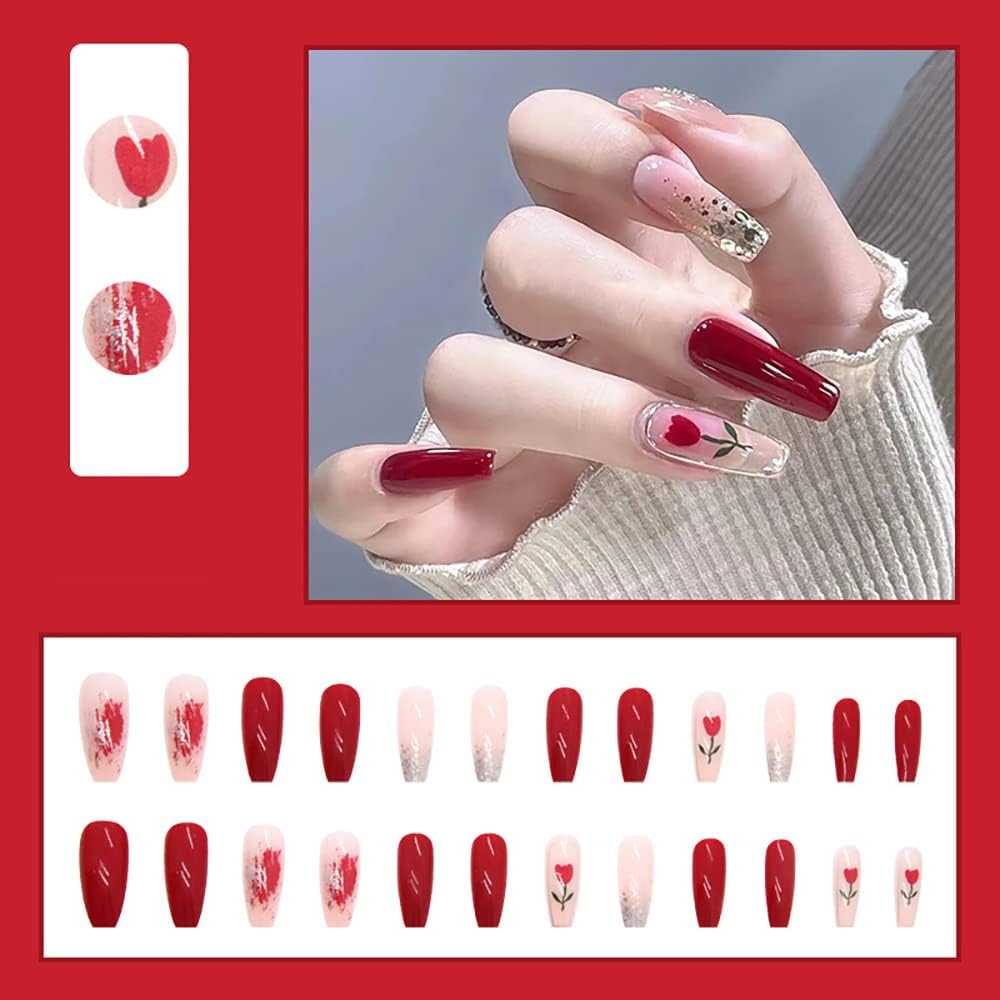 24Pcs Red & Pink Shade Beautiful Flower Design Trendy Fake Nails (With Glue) Set For Girls - Wearable Nails Stylish Pattern Artificial Long Nails For Women