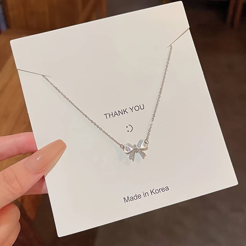 Korean Jewellery Silver Luxurious Rhinestone Zircon Bow Necklace for Girls Sweet Fairy Clavicle Chain Shiny Zircon Korean Jewellery Necklace