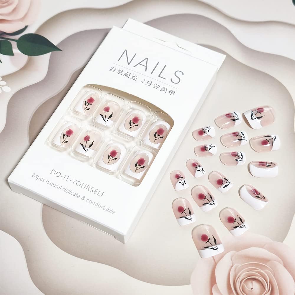 24Pcs White Beautiful Flower Trendy Fake Nails (With Glue) Set For Girls - Wearable Nails Stylish Pattern Artificial Nails For Women