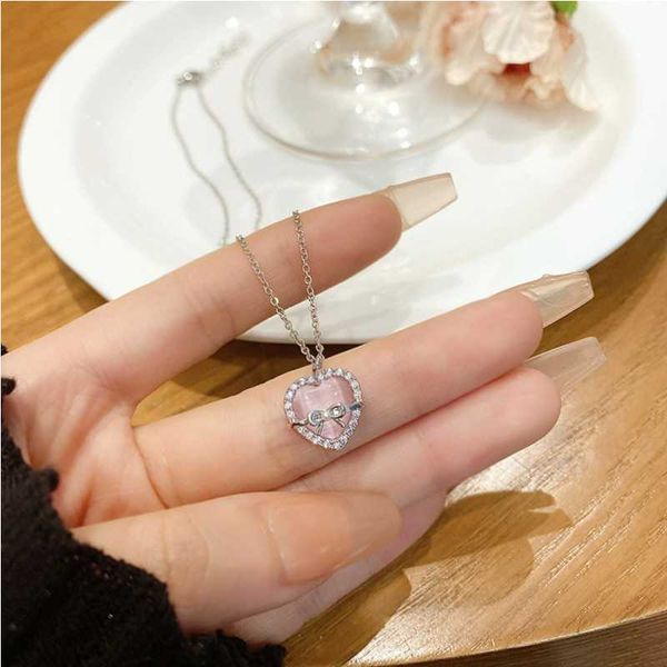 Korean Jewellery Pink Heart & Bow Necklace for Girls Sweet Fairy Clavicle Chain Shiny Korean Jewellery Necklace - Aesthetic Bowknot Love Pendant Women Necklaces