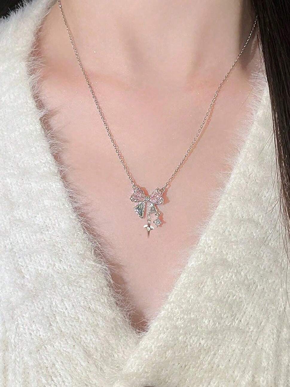 ● Korean Jewellery Pink Zircon Bow Necklace for Girls Sweet Fairy Clavicle Chain Shiny Zircon Korean Jewellery Necklace