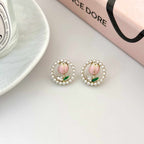 Korean Jewellery Gold Diamond Pearl Tulip Flower Stud Earrings for Girls | S925 Needle Earings For Birthday Wedding Anniversary | For All Occasions