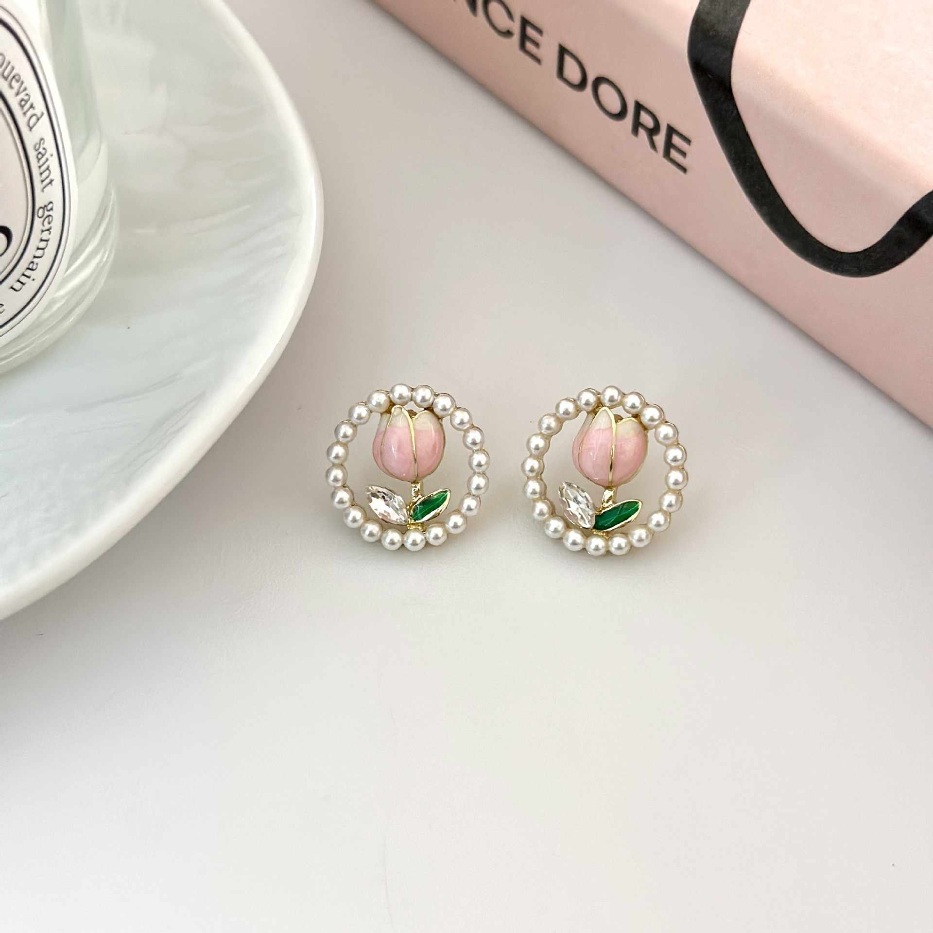 Korean Jewellery Gold Diamond Pearl Tulip Flower Stud Earrings for Girls | S925 Needle Earings For Birthday Wedding Anniversary | For All Occasions