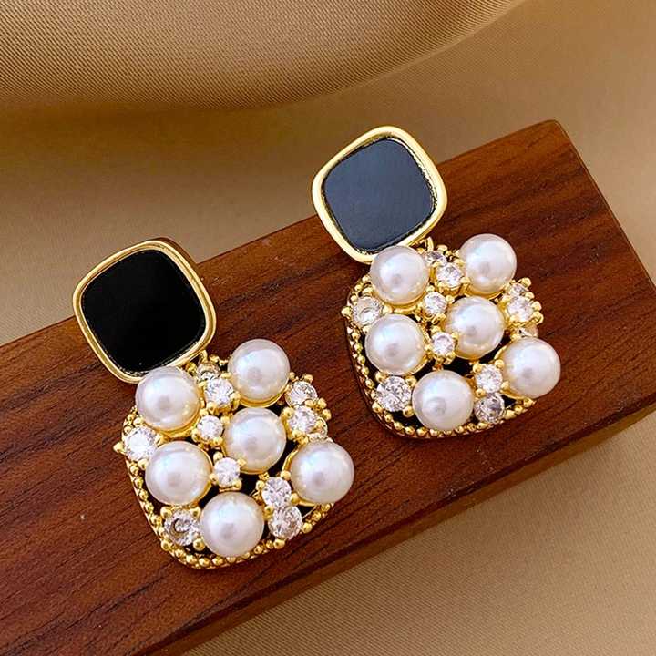 Korean Jewellery Fashion Black Square Geometric Cubic Pearl Gold Plated S925 Silver Needle Korean Earrings For Girls