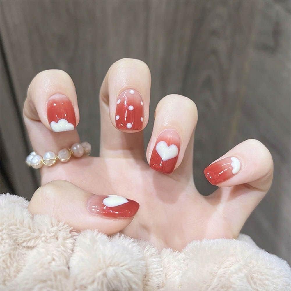 24Pcs Pink Beautiful Heart Design Trendy Fake Nails (With Glue) Set For Girls - Wearable Nails Stylish Pattern Artificial Nails For Women