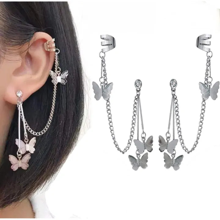 Pair Of Ear Cuff Earring Butterfly Chain Tassel Stylish Earings For Girls Fashion Stylish Korean Jewellery For Girls