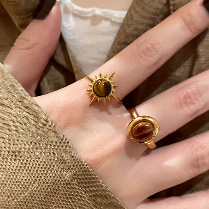 Korean Jewellery 3Pcs Retro Brown Geometric Brown Stone Rings Adjustable Size Rings For Girls