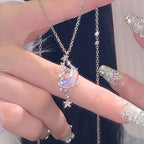 Silver Beautiful Crystal Rhinestone Star Moon Pendant Necklace Clavicle Chain Korean Style For Girls Korean Jewellery Gift