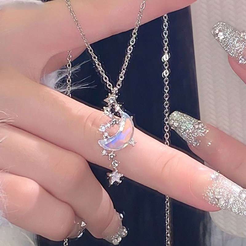 Silver Beautiful Crystal Rhinestone Star Moon Pendant Necklace Clavicle Chain Korean Style For Girls Korean Jewellery Gift